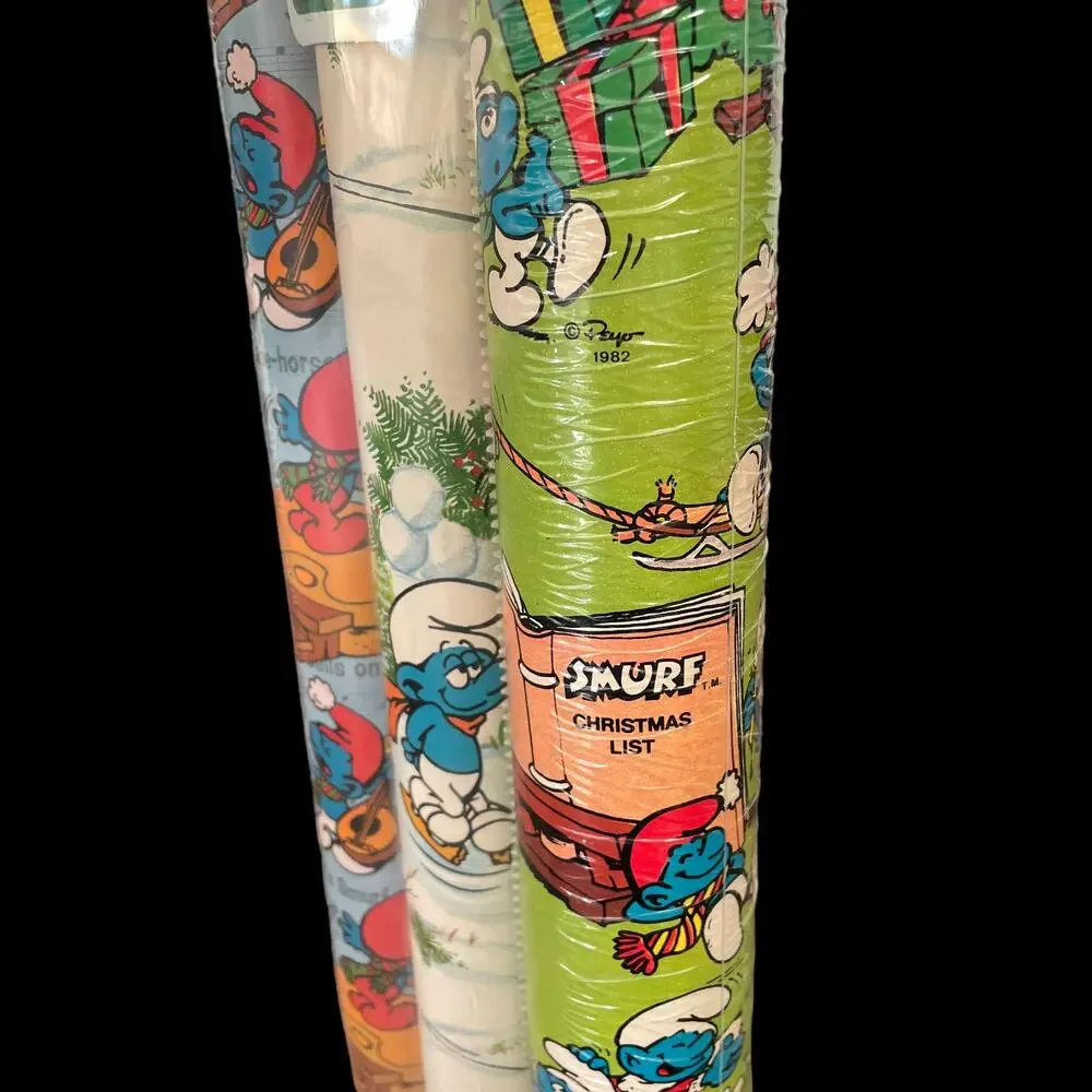 Vintage Smurf Gift Wrapping Paper 1982 Peyo Papercraft 3 Roll USA 6911 NOS Read